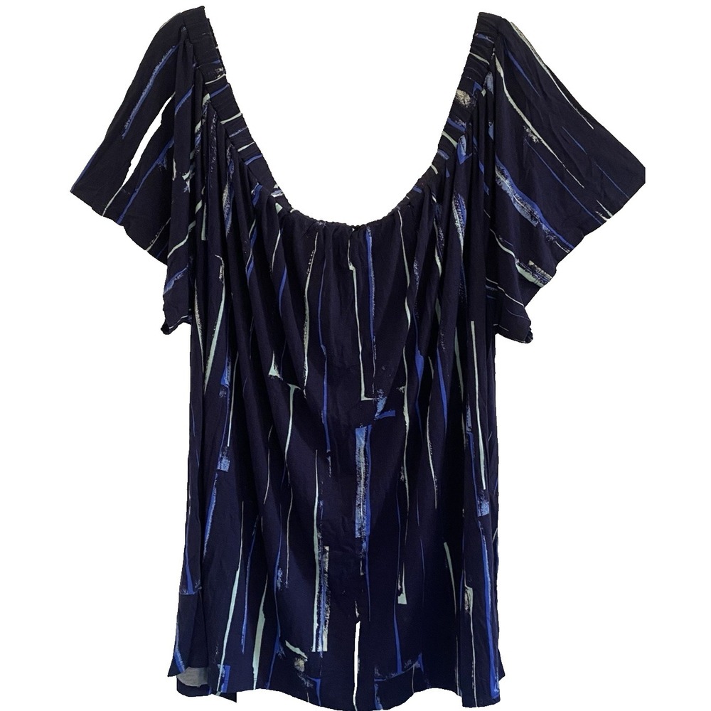 APT 9  Women Plus 3X Top Tank Blouse Summer Knit‎ Stripe Blue Off Shoulder Rayon